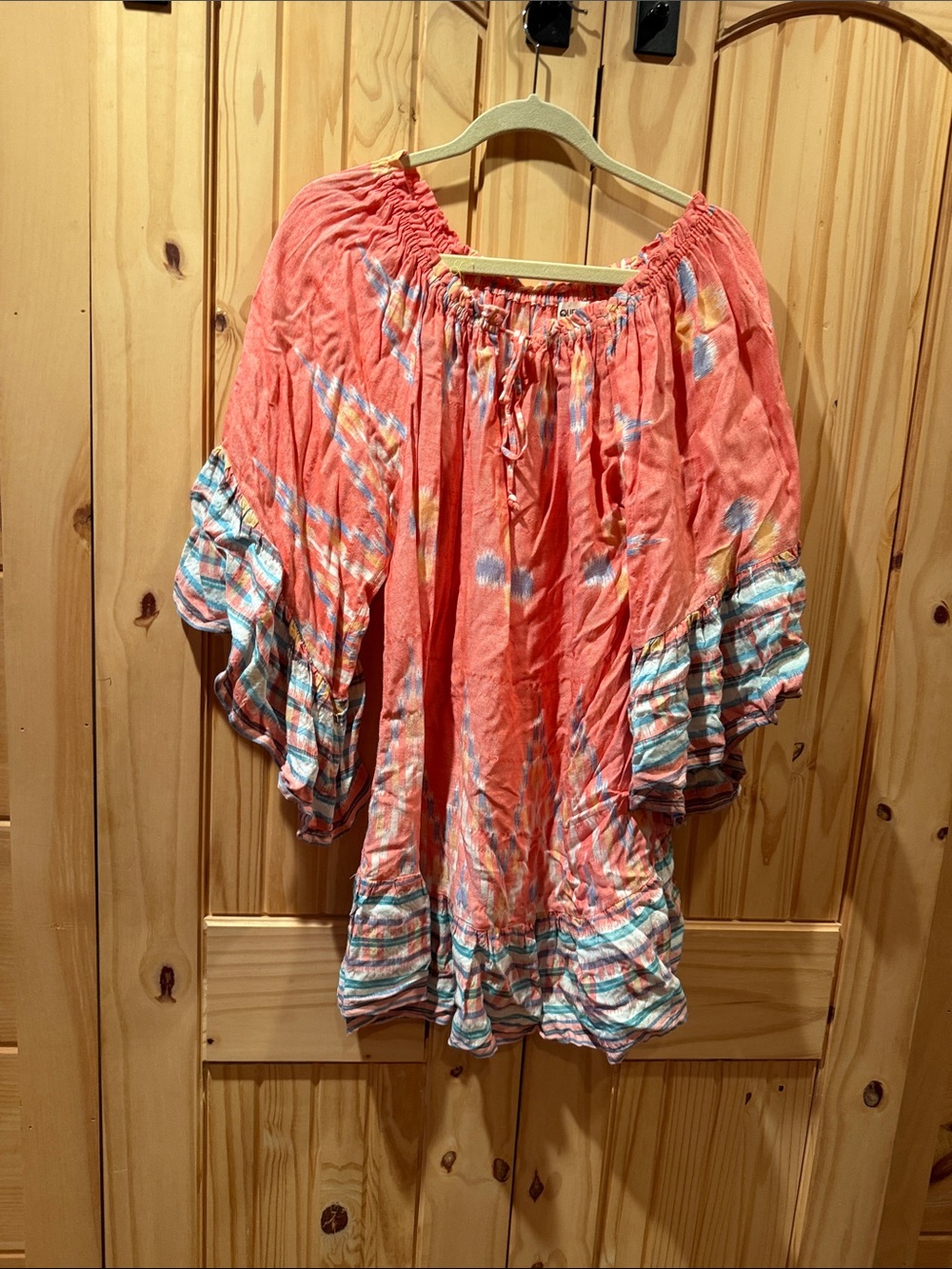 Coral Tie-Dye Peasant Tunic with Striped Ruffle Sleeves